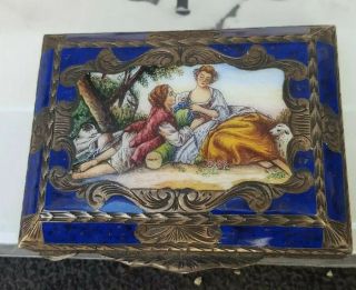 Antique Italian 800 Silver Enameled Romance Scene Box / Compact With Mirror