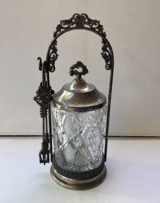Antique Victorian Pickle Castor & Tong Cut Glass Essex Silver Plate Jar Pot