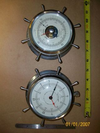 Vintage 8 Day Airguide Ships Clock & Barometer Set Nickel Spoke Wheel Cases