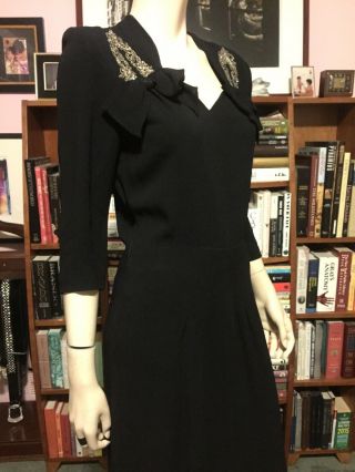 Vintage 1930s 1940s Crepe Dropwaist Evening Dress Hand Beaded Bows Left Side Zip