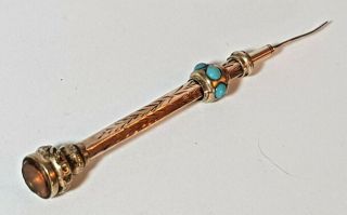 Rare Antique Victorian 9 Carat Gold Turquoise & Citrine Propelling Toothpick