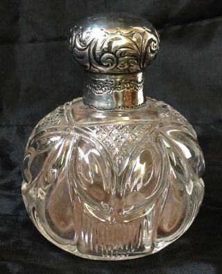 Victorian 1899 English Silver Hinged Top Cut Glass Perfume Bottle,  Monogrammed
