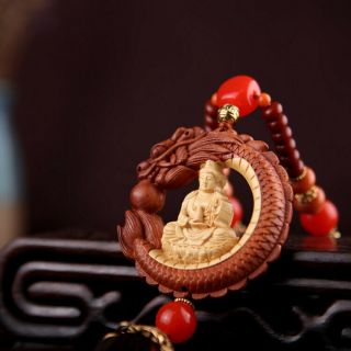 Box - Wood Carving Chinese Kwan Yin Dragon Double Sides Beads Car Pendant Hanger