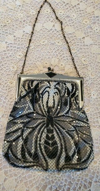 Whiting And Davis Art Deco Mesh Enamel Purse Handbag Black White Butterfly