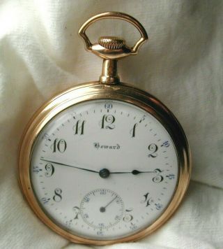 E.  HOWARD POCKET WATCH 12s OPEN FACE 17J G/F CASE DIAL HOWARD BOX - RUNS 6