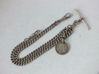 Sterling Silver Double Watch Albert Chain 1929/ L 35 Cm/ & Coin Fob/ 42 G