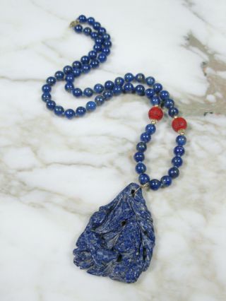 Antique Chinese Carved Red Cinnabar Lapis Lazuli Bead 14k Gold Pendant Necklace