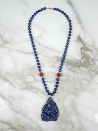 ANTIQUE CHINESE CARVED RED CINNABAR LAPIS LAZULI BEAD 14K GOLD PENDANT NECKLACE 4