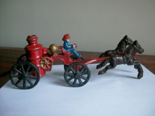 Vintage Fireman Cast Iron Toy Horse Drawn Fire Engine Truck Carriage Wagon 2 Pc