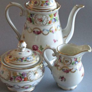 Vintage Dresden Schumann Porcelain Teapot Sugar Creamer Empress Dresden Flowers