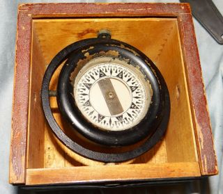 Vintage Brass Nautical Ship Compass With Wooden Box