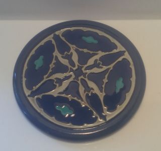 California Faience Tea Tile 5 1/4” Poppy Design In Blue,  Turquoise And Ivory.