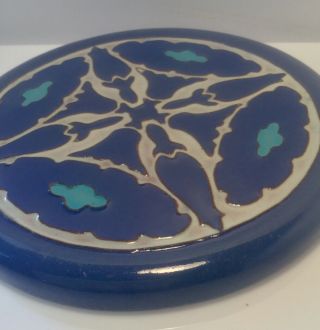 California Faience Tea Tile 5 1/4” poppy design in blue,  turquoise and ivory. 2