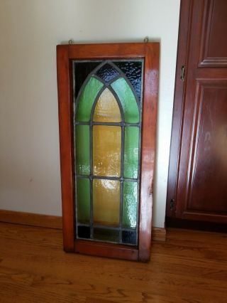 Vintage Stained Glass Window Leaded Glass In Wood Frame 36 " X 16 "