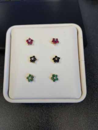 Estate Ruby Emerald Sapphire Diamond Flower Earrings 14k Yellow Gold