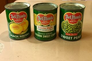 Vintage Childs Toy Tin Litho Food Cans Del Monte Sample Mini Kitchen Play Dishes