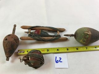 4 Vintage Antique Fishing Tackle Wood Bobber Float W/hand Jig Rig 62