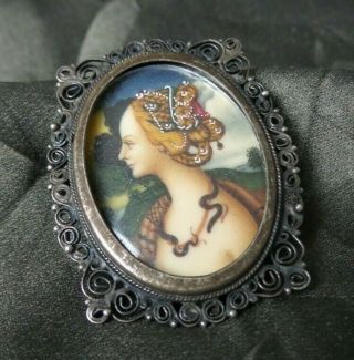 Mysterious Antique Hand Painted Miniature Ladies Portrait Pendant Brooch Frame