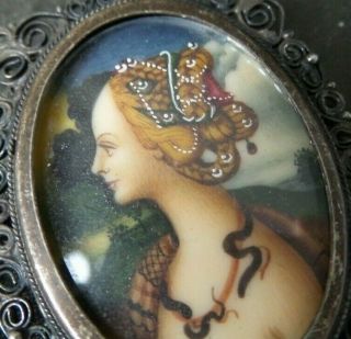 Mysterious Antique Hand Painted Miniature Ladies Portrait Pendant Brooch Frame 2