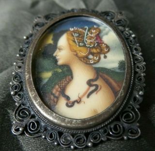 Mysterious Antique Hand Painted Miniature Ladies Portrait Pendant Brooch Frame 3
