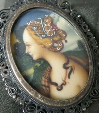 Mysterious Antique Hand Painted Miniature Ladies Portrait Pendant Brooch Frame 6