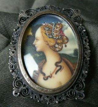 Mysterious Antique Hand Painted Miniature Ladies Portrait Pendant Brooch Frame 7