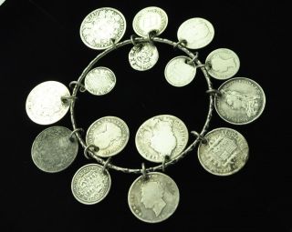 Heavy Antique Silver Victorian British & Foreign Coin Charm Bangle Bracelet