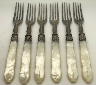 6 James Dixon Carved Mother Of Pearl Handle Forks Silver Close Plated 7” 1900’s