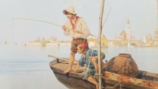 Signed (?) Antique Watercolor Painting Fishing Scene Titled " An Anxious Moment