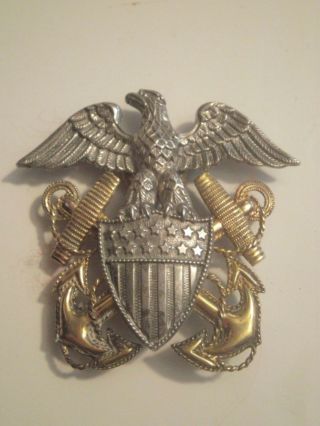 Wwii Large Us Navy Officer Hat Badge Viking - Sterling & 1/20 10k Gold