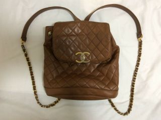 Chanel Chain Backpack Shoulder Day Bag Brown Leather Vintage From Japan