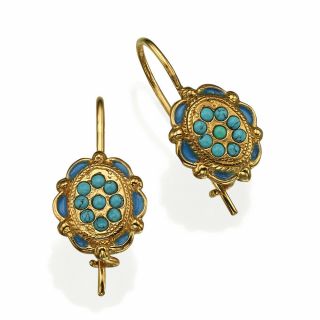 14k Gold Earring Turquoise Gemstone And Enamel,  Victorian Vintage Antique Style