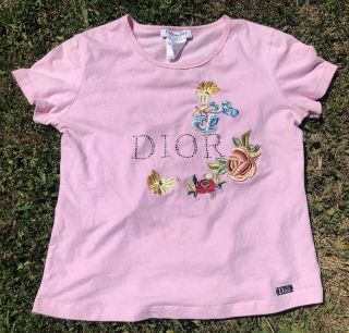 Women Vtg Christian Dior Boutique Embroidered Floral Pink Shirt Rhinstones Us 14