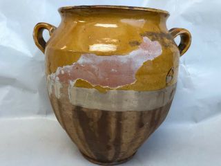 Antique Yellow Glazed French Terra Cotta ? Pottery ? Confit Pot 9 " Two Handle