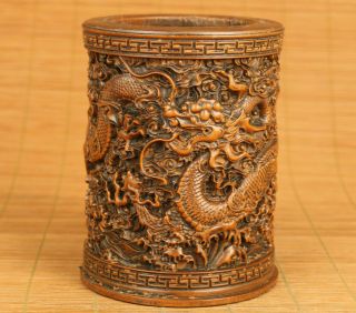 Rare Chinese Old Boxwood Dragon Statue Brush Pot Noble Table Home Decoration