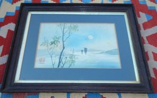 Antique Oak Frame Japanese Watercolour Painting Signed With Seal Lake Boat Scene