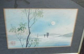 ANTIQUE OAK FRAME JAPANESE WATERCOLOUR PAINTING SIGNED WITH SEAL LAKE BOAT SCENE 3