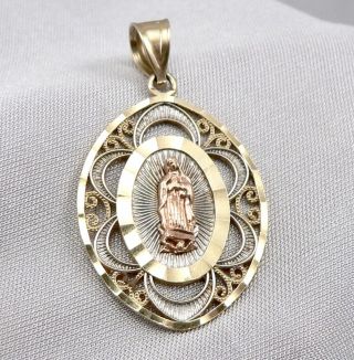 Vintage 14k Tri Color Gold Virgin Mary Fancy Filigree Religious Pendant 3.  1grams