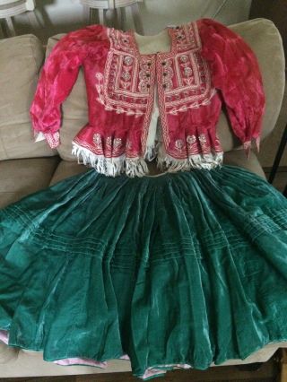 Bolivian Folk Milkmaid Pink Velvet Jacket/ Green Velvet Skirt - Petticoat Vintage