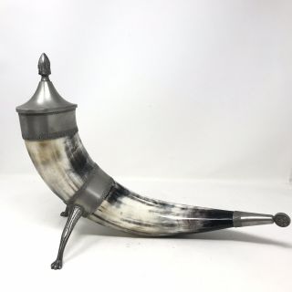 Vintage,  Large Viking Drinking Buffalo Horn With Cover,  Haugrud Pewter,  Handmade