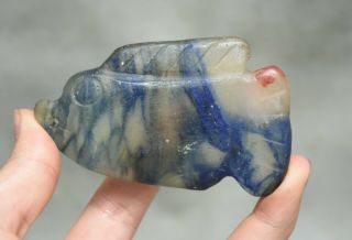 3.  4 " Chinese Hongshan Culture Old Blue Crystal Hand Carved Fish Statue Pendant