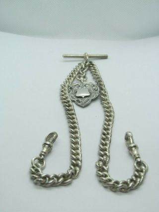 1907 Double Albert Pocket Watch Chain Solid Silver,  Soid Silver Fob In V.  G.  C