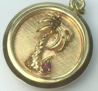 Gorgeous 14k Solid Gold Natural Ruby Palm Tree Motif Coin Style Charm.  7.  1gm.