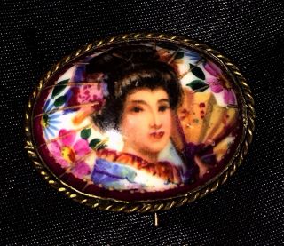 Antique Geisha Portrait Brooch Hand Painted Porcelain Cameo Victorian Pin Vtg