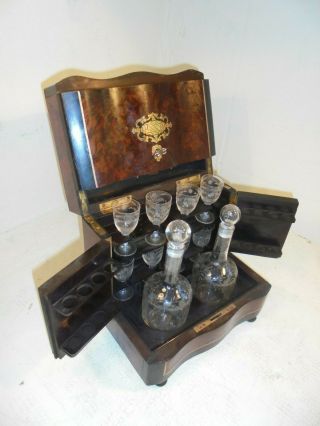 Antique French Boulle Type Tantalus,  Decanter And Glass Set