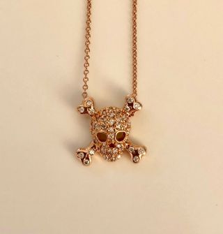 Rare Roberto Coin Tiny Treasures 18k Rose Gold Diamond Skull Pendant Necklace