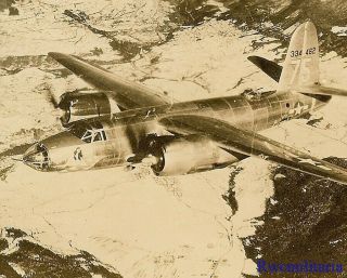 Org.  Nose Art Photo: Aerial View B - 26 Bomber (43 - 34462) Over Mountains; Italy