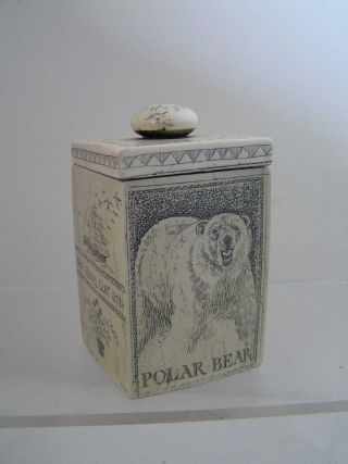 Antique Style Folk Art Polar Bear Whaler Scrimshaw Etched Bone Trinket Box