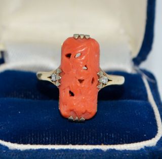 Vintage 9ct Yellow Gold,  Carved Floral Coral & Diamond Statement Ring - Q / 8.  25