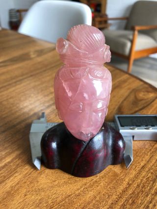 Nicely Carved Antique Chinese Rose Quartz And Hardwood Head Bust